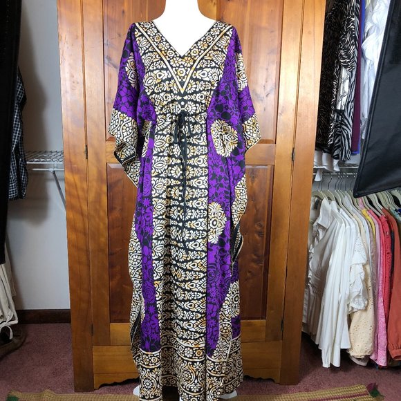 Pretty Girl Beachy Coastal Silk/Cotton Boho Kaftan Coverup Dress Artsy Resort - Picture 1 of 15